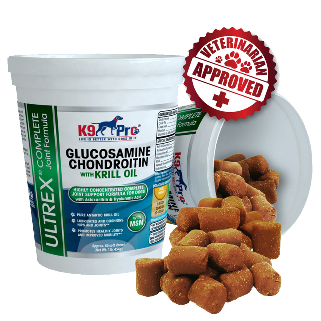 ULTREX Glucosamine Dog Joint Supplement with Krill Fish Oil Chondroitin MSM & Astaxanthin In A Tasty Chewable Treat Dogs Love - k9pro-store